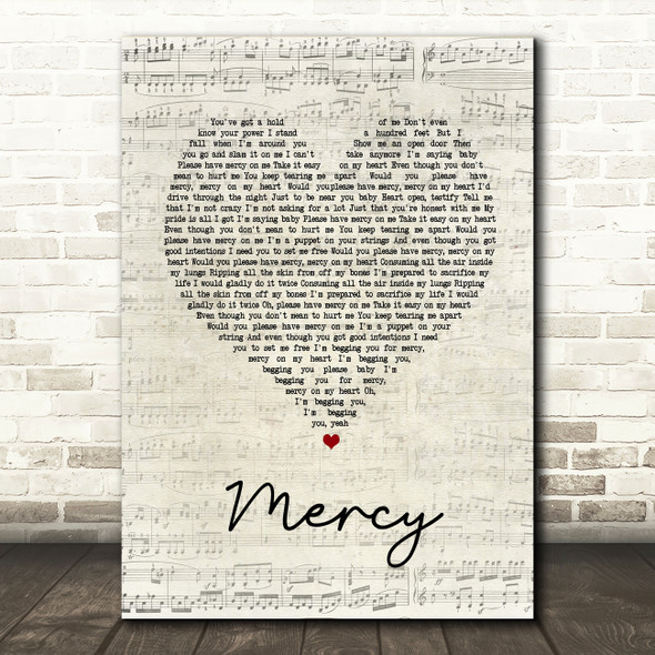 Shawn Mendes Mercy Script Heart Song Lyric Quote Print