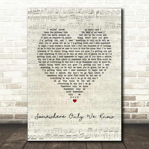 Keane Somewhere Only We Know Script Heart Song Lyric Print