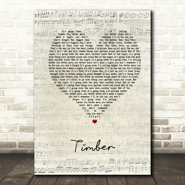 Pitbull Timber Script Heart Song Lyric Music Art Print