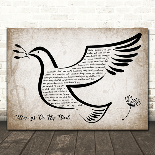 Willie Nelson Always On My Mind Vintage Dove Bird Song Lyric Wall Art Print