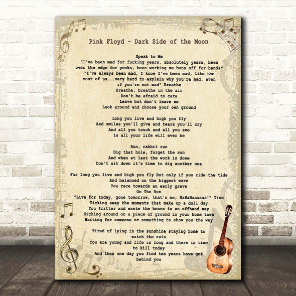 Pink Floyd Dark Side of the Moon Vintage Guitar Song Lyric Print