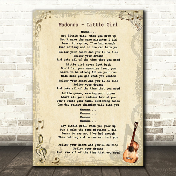 Madonna Little Girl Vintage Guitar Song Lyric Quote Music Print