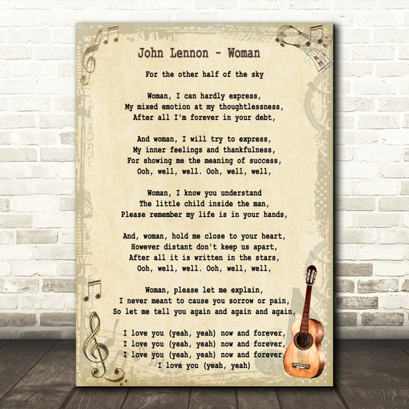John Lennon Woman Song Lyric Vintage Quote Print