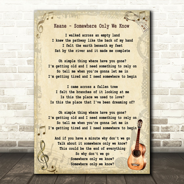 Keane Somewhere Only We Know Song Lyric Vintage Quote Print