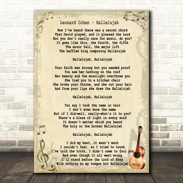 Leonard Cohen Hallelujah Song Lyric Vintage Quote Print