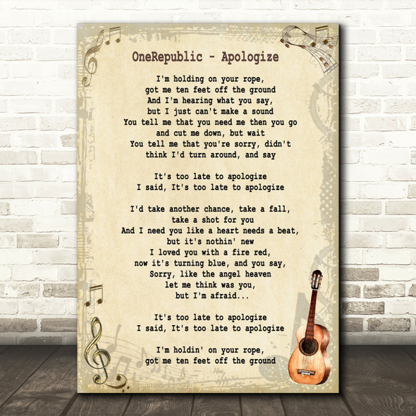 OneRepublic Apologize Song Lyric Vintage Quote Print