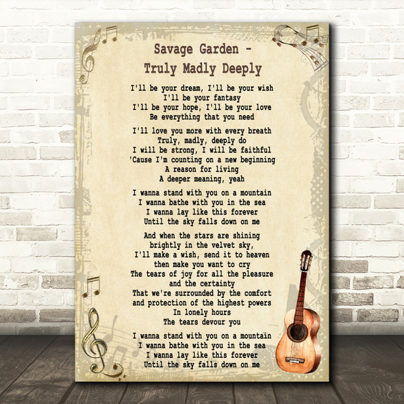 Savage Garden Truly madly Deeply Song Lyric Vintage Quote Print