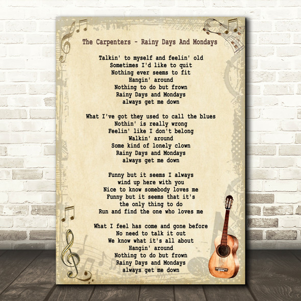 The Carpenters Rainy Days And Mondays Song Lyric Vintage Quote Print