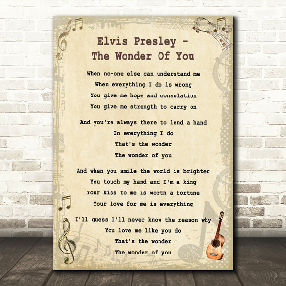 Elvis Presley The Wonder Of You Vintage Guitar Song Lyric Quote Print