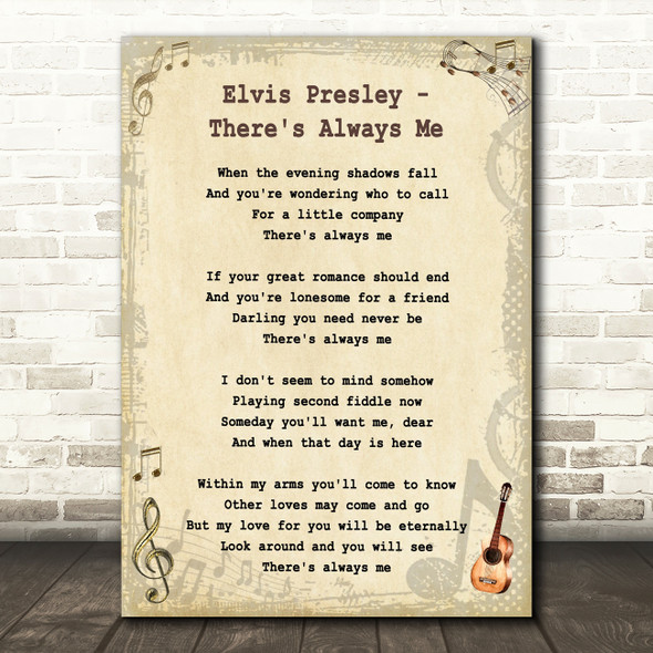 Elvis Presley There's Always Me Vintage Guitar Song Lyric Quote Print