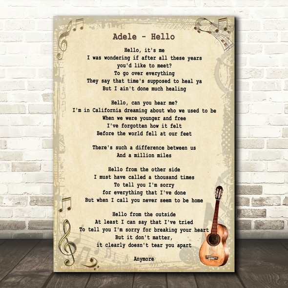 Adele Hello Song Lyric Vintage Quote Print