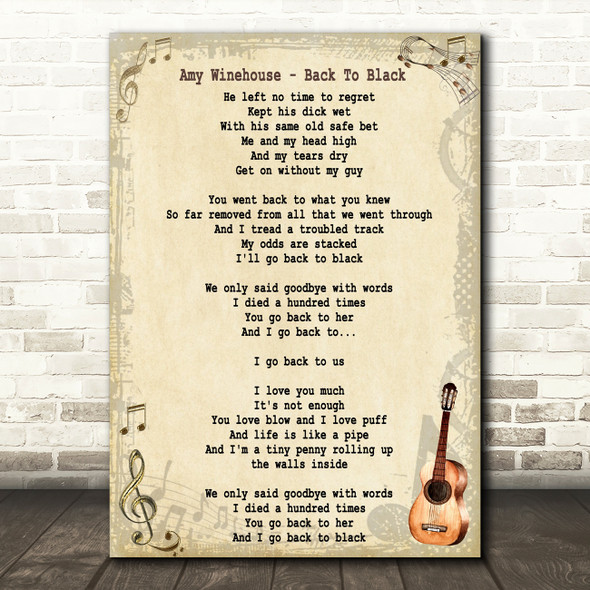 Amy Winehouse Back To Black Song Lyric Vintage Quote Print