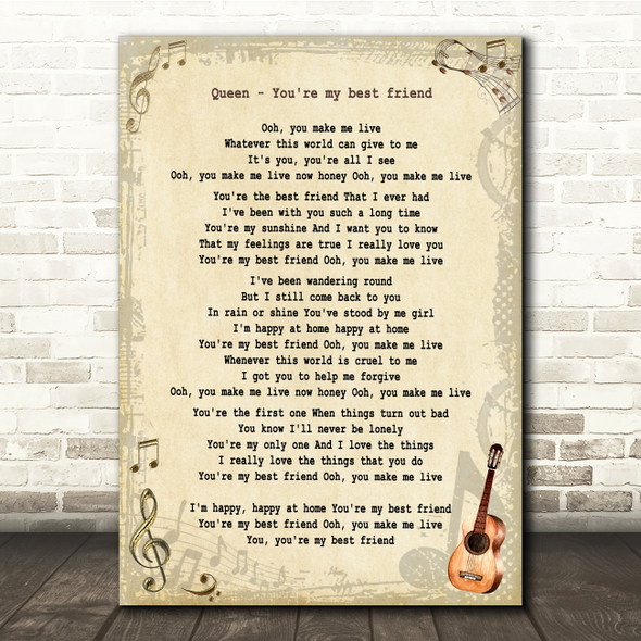 Queen You're My Best Friend Vintage Guitar Song Lyric Print