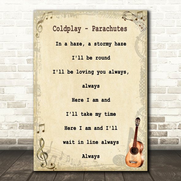 Coldplay Parachutes Song Lyric Vintage Quote Print