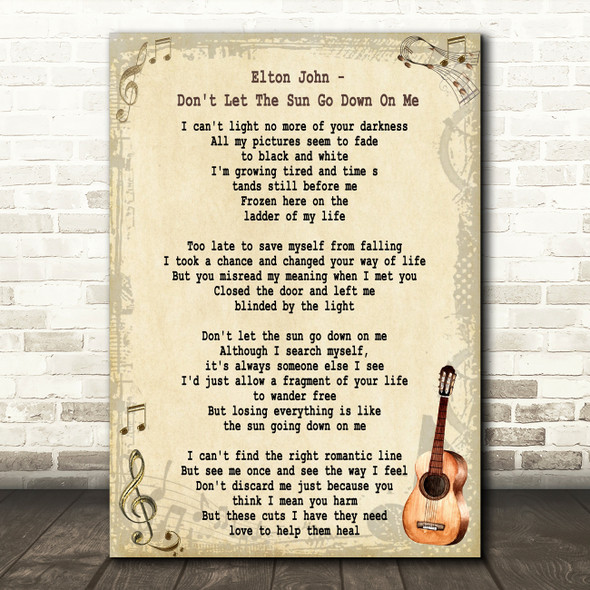 Elton John Don't Let The Sun Go Down On Me Song Lyric Vintage Quote Print
