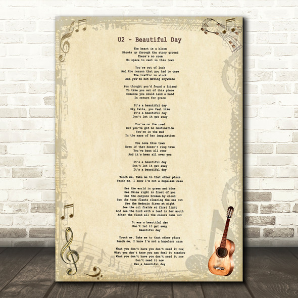 U2 Beautiful Day Vintage Guitar Song Lyric Music Art Print