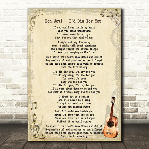 Bon Jovi I'd Die For You Song Lyric Quote Print