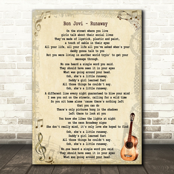Bon Jovi Runaway Song Lyric Quote Print
