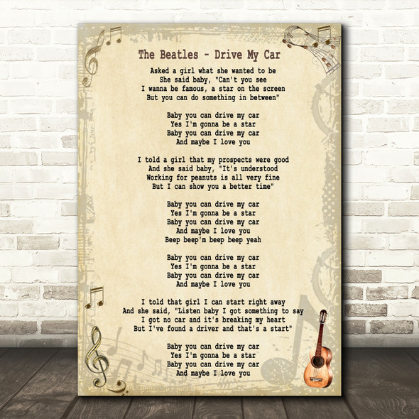 The Beatles Drive My Car Song Lyric Quote Print
