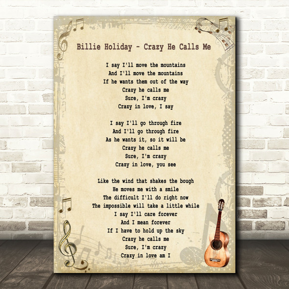 Billie Holiday Crazy He Calls Me Song Lyric Quote Print