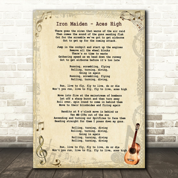 Iron Maiden Aces High Vintage Guitar Song Lyric Print