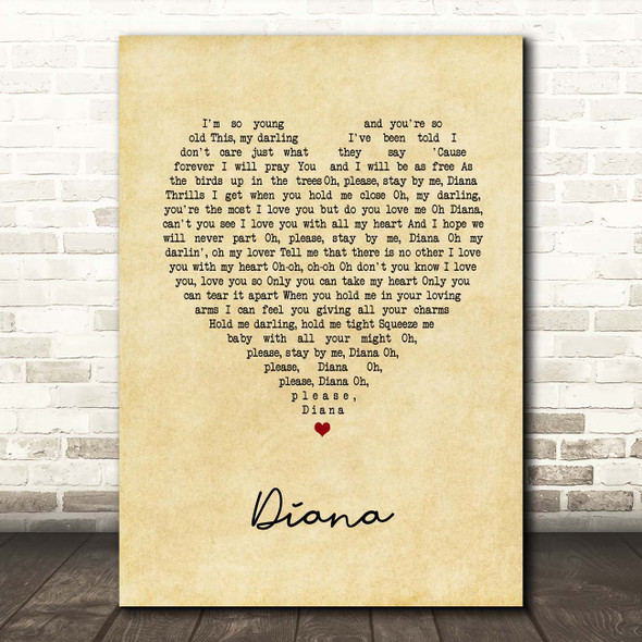 Paul Anka Diana Vintage Heart Song Lyric Print