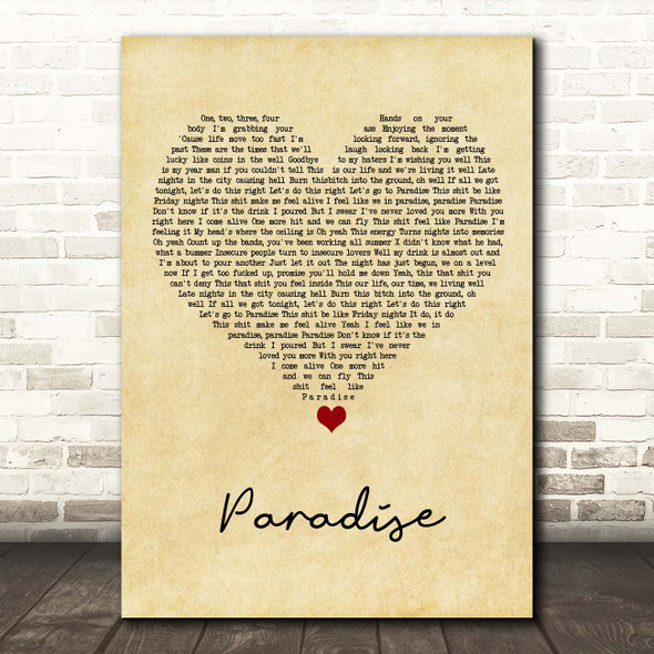 Bazzi Paradise Vintage Heart Song Lyric Print