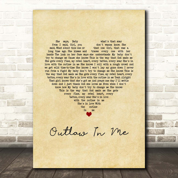 Brantley Gilbert Outlaw In Me Vintage Heart Song Lyric Print