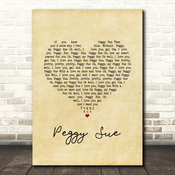 Buddy Holly Peggy Sue Vintage Heart Song Lyric Print