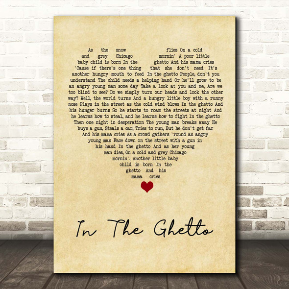 Elvis Presley In The Ghetto Vintage Heart Song Lyric Print
