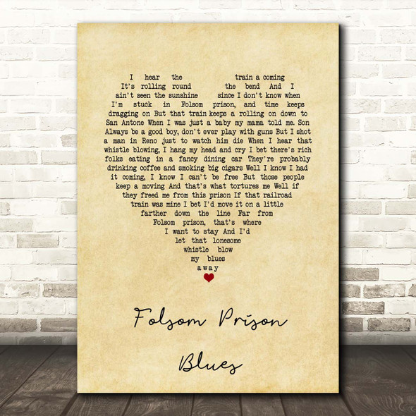 Johnny Cash Folsom Prison Blues Vintage Heart Song Lyric Print