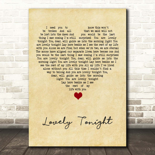 Joshua Radin Lovely tonight Vintage Heart Song Lyric Print