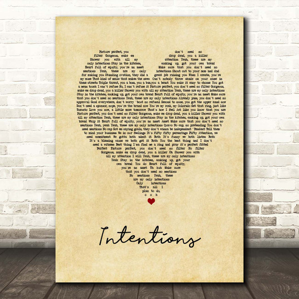 Justin Bieber Intentions Vintage Heart Song Lyric Print