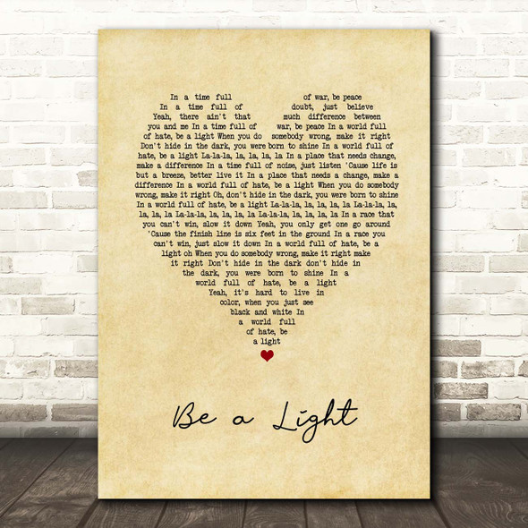 Keith Urban, Be a Light Vintage Heart Song Lyric Print