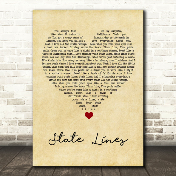 The Shires State Lines Vintage Heart Song Lyric Wall Art Print