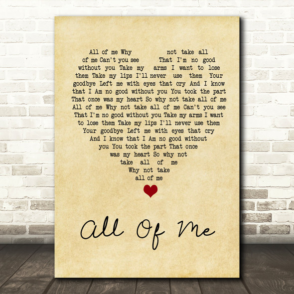 Willie Nelson All Of Me Vintage Heart Song Lyric Wall Art Print