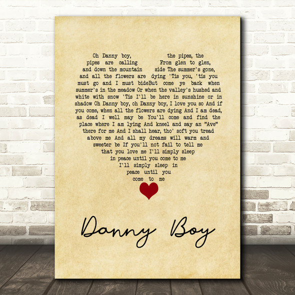 Frederic Weatherly Danny Boy Vintage Heart Song Lyric Wall Art Print