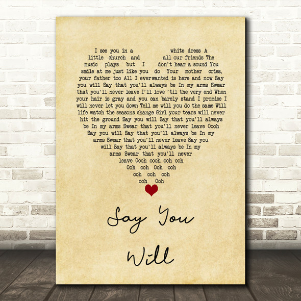 Hearts & Colors Say You Will Vintage Heart Song Lyric Wall Art Print