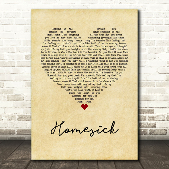 Kane Brown Homesick Vintage Heart Song Lyric Wall Art Print