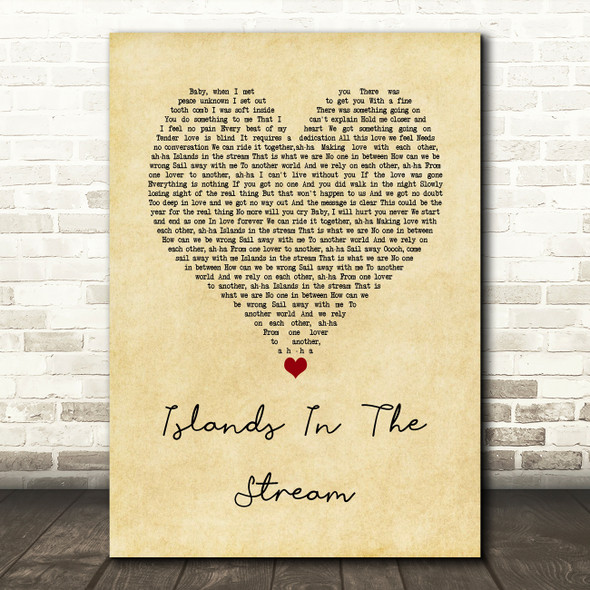 Kenny Rogers & Dolly Parton Islands In The Stream Vintage Heart Song Lyric Wall Art Print