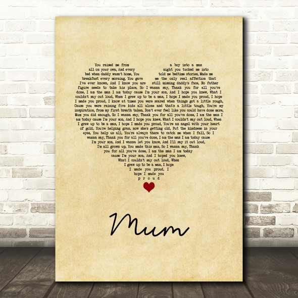 Nathan Grisdale Mum Vintage Heart Song Lyric Wall Art Print