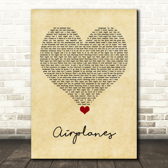 BoB Airplanes Vintage Heart Song Lyric Quote Music Print