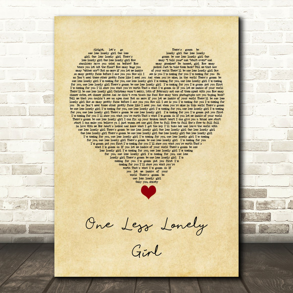 Justin Bieber One Less Lonely Girl Vintage Heart Song Lyric Quote Music Print