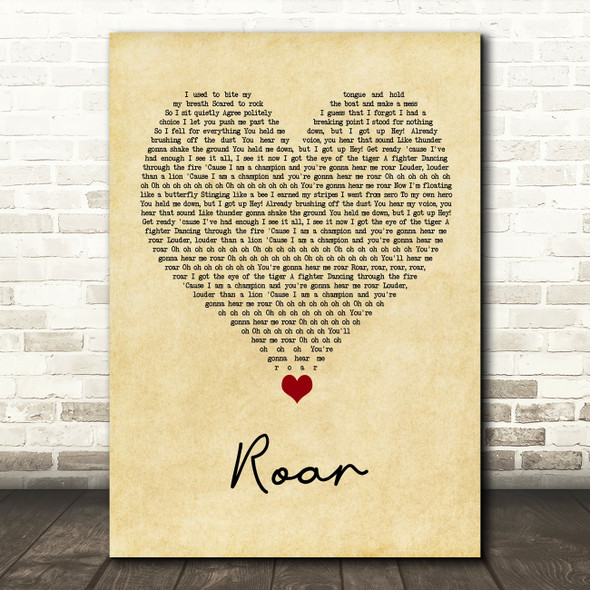 Katy Perry Roar Vintage Heart Song Lyric Quote Music Print