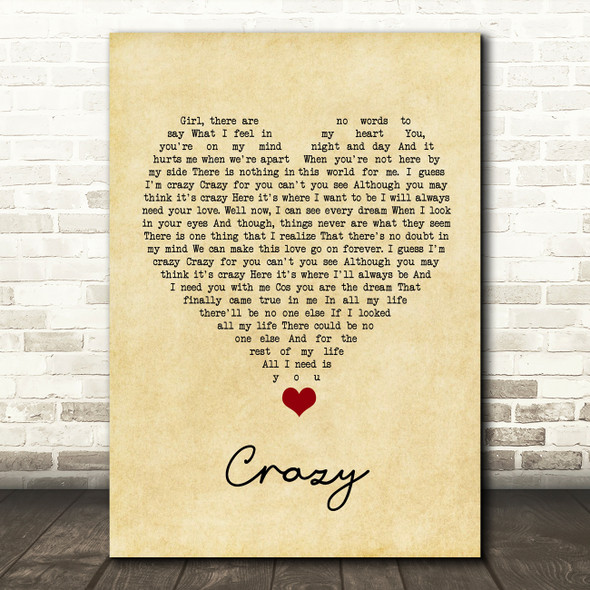 Kenny Rogers Crazy Vintage Heart Song Lyric Quote Music Print