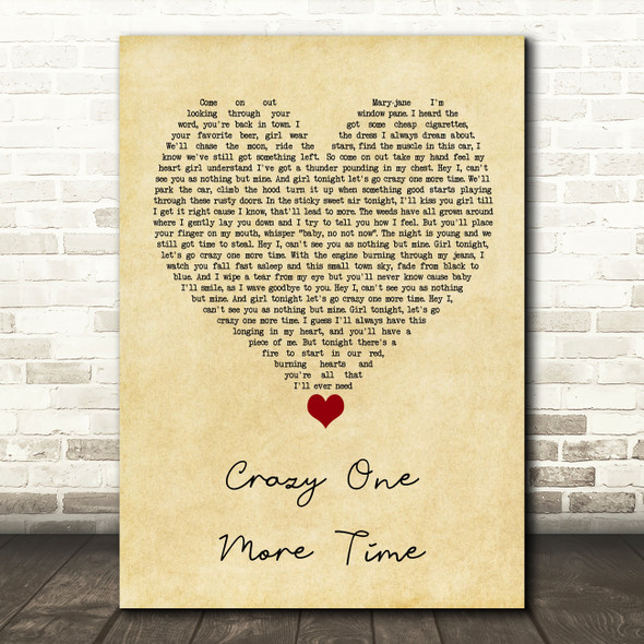 Kip Moore Crazy One More Time Vintage Heart Song Lyric Quote Music Print