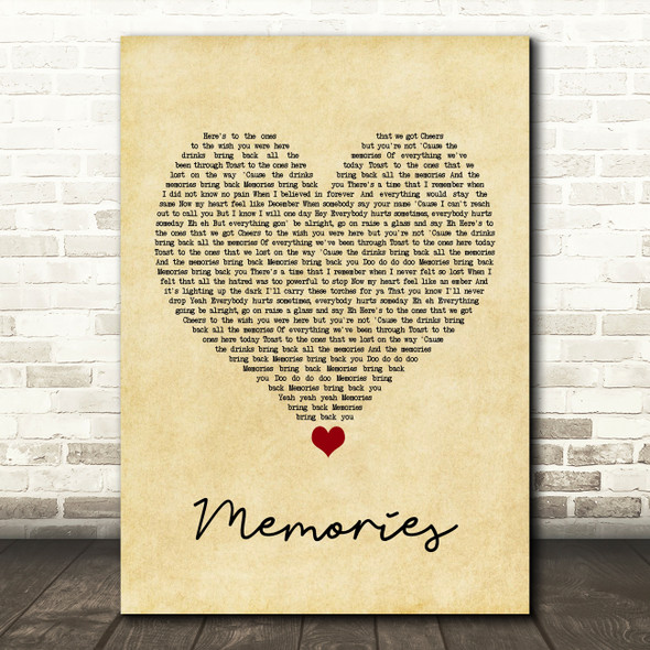 Maroon 5 Memories Vintage Heart Song Lyric Quote Music Print