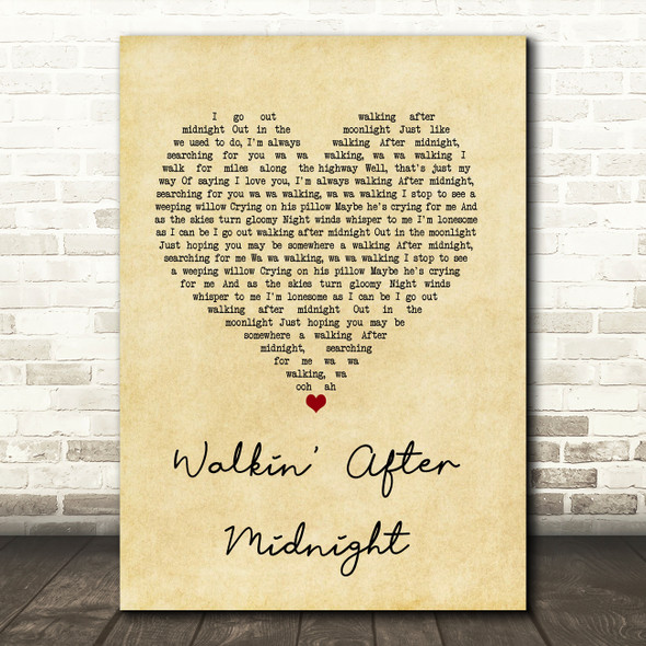 Patsy Cline Walkin' After Midnight Vintage Heart Song Lyric Quote Music Print
