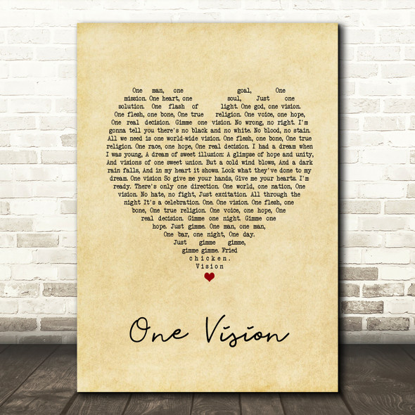 Queen One Vision Vintage Heart Song Lyric Quote Music Print