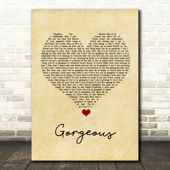 Taylor Swift Gorgeous Vintage Heart Song Lyric Quote Music Print